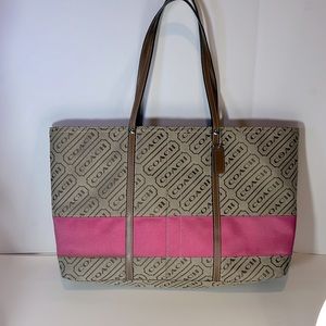 Coach Tote Shoulder Bag Tan Khaki Pink Stripe Signature Logo
